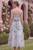 Floral Light Blue A Line Embroidered Midi Wedding Guest Dress with Bow