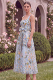 Floral Light Blue A Line Embroidered Midi Wedding Guest Dress with Bow