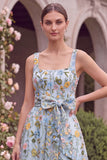 Floral Light Blue A Line Embroidered Midi Wedding Guest Dress with Bow