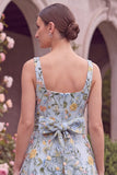 Floral Light Blue A Line Embroidered Midi Wedding Guest Dress with Bow