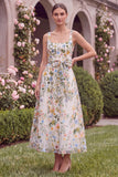 Floral Light Blue A Line Embroidered Midi Wedding Guest Dress with Bow