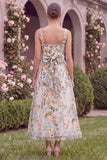 Floral Light Blue A Line Embroidered Midi Wedding Guest Dress with Bow