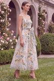 Floral Light Blue A Line Embroidered Midi Wedding Guest Dress with Bow
