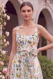 Floral Light Blue A Line Embroidered Midi Wedding Guest Dress with Bow