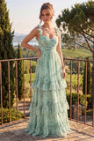 Sage Floral A Line Tiered Ruffle Maxi Dress