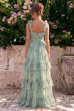 Sage Floral A Line Tiered Ruffle Maxi Dress