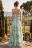 Sage Floral A Line Tiered Ruffle Maxi Dress
