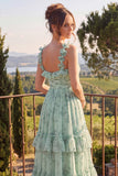 Sage Floral A Line Tiered Ruffle Maxi Dress