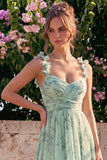 Sage Floral A Line Tiered Ruffle Maxi Dress