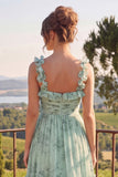 Sage Floral A Line Tiered Ruffle Maxi Dress
