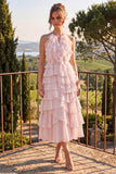 Pink Halter A Line Tiered Ruffle Midi Wedding Guest Dress