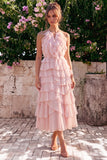 Pink Halter A Line Tiered Ruffle Midi Wedding Guest Dress