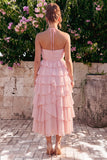 Pink Halter A Line Tiered Ruffle Midi Wedding Guest Dress