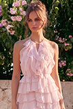Pink Halter A Line Tiered Ruffle Midi Wedding Guest Dress