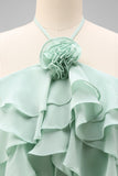 Lake Blue Halter A Line 3D Flower Wedding Guest Dress with Ruffles