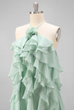 Lake Blue Halter A Line 3D Flower Wedding Guest Dress with Ruffles