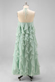 Lake Blue Halter A Line 3D Flower Wedding Guest Dress with Ruffles
