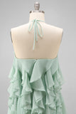 Lake Blue Halter A Line 3D Flower Wedding Guest Dress with Ruffles
