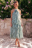 Lake Blue Halter A Line 3D Flower Wedding Guest Dress with Ruffles
