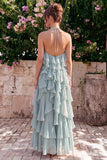 Lake Blue Halter A Line 3D Flower Wedding Guest Dress with Ruffles