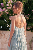 Lake Blue Halter A Line 3D Flower Wedding Guest Dress with Ruffles