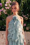Lake Blue Halter A Line 3D Flower Wedding Guest Dress with Ruffles