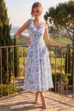 Blue Floral A Line Cowl Neck Wedding Guest Dress with 3D Flowers