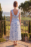 Blue Floral A Line Cowl Neck Wedding Guest Dress with 3D Flowers