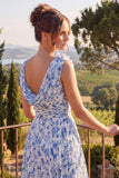 Blue Floral A Line Cowl Neck Wedding Guest Dress with 3D Flowers