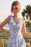 Blue Floral A Line Cowl Neck Wedding Guest Dress with 3D Flowers