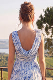 Blue Floral A Line Cowl Neck Wedding Guest Dress with 3D Flowers