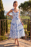 Blue Floral Square Neck A Line Midi Wedding Guest Dress with 3D Flowers