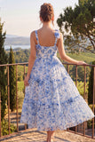 Blue Floral Square Neck A Line Midi Wedding Guest Dress with 3D Flowers