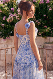 Blue Floral Square Neck A Line Midi Wedding Guest Dress with 3D Flowers