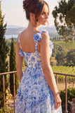 Blue Floral Square Neck A Line Midi Wedding Guest Dress with 3D Flowers