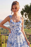 Blue Floral Square Neck A Line Midi Wedding Guest Dress with 3D Flowers