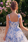 Blue Floral Square Neck A Line Midi Wedding Guest Dress with 3D Flowers
