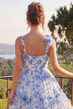 Blue Floral Square Neck A Line Midi Wedding Guest Dress with 3D Flowers