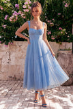 Light Blue A Line Corset Pleated Square Neck Wedding Guest Dress