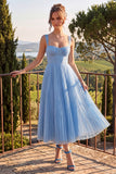 Light Blue A Line Corset Pleated Square Neck Wedding Guest Dress