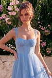 Light Blue A Line Corset Pleated Square Neck Wedding Guest Dress