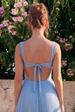 Light Blue A Line Corset Pleated Square Neck Wedding Guest Dress