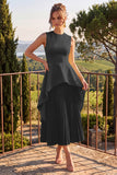 Yellow A Line Pleated Jewel Neck Midi Wedding Guest Dress