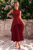Yellow A Line Pleated Jewel Neck Midi Wedding Guest Dress