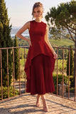 Yellow A Line Pleated Jewel Neck Midi Wedding Guest Dress