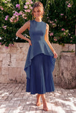 Yellow A Line Pleated Jewel Neck Midi Wedding Guest Dress