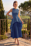 Yellow A Line Pleated Jewel Neck Midi Wedding Guest Dress