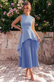 Yellow A Line Pleated Jewel Neck Midi Wedding Guest Dress
