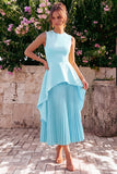 Yellow A Line Pleated Jewel Neck Midi Wedding Guest Dress