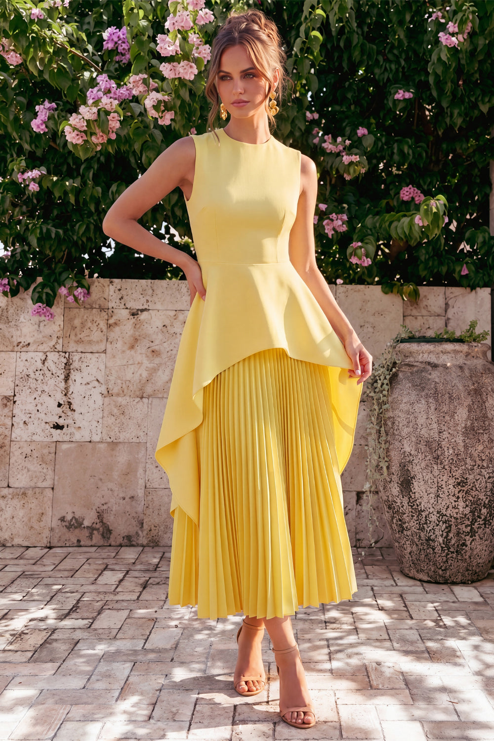 Wedtrend Women Yellow Wedding Guest Dress Pleated A Line Jewel Neck Tea Party Dress, Yellow / US4